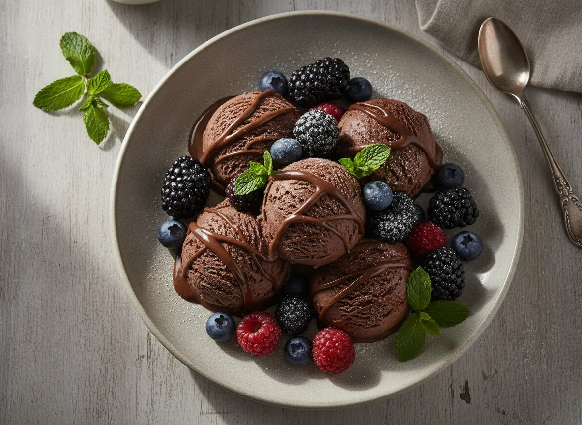 Schokoladeneis mit Beeren und Minze photo