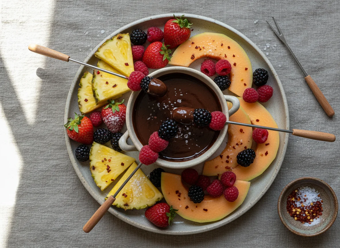 Schokoladenfondue mit Früchten und Gewürzen photo