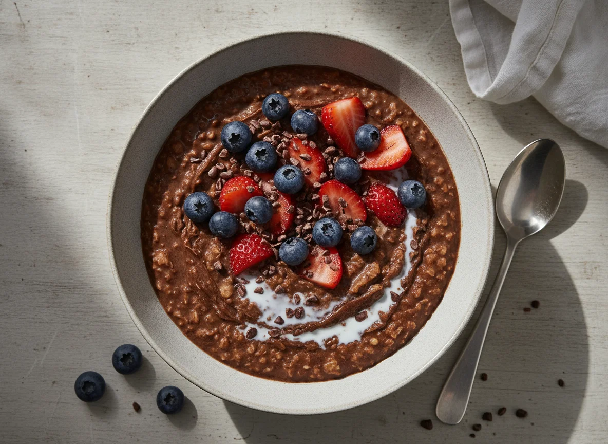 Schokoladen-Haferbrei mit Beeren und Kakaonibs photo