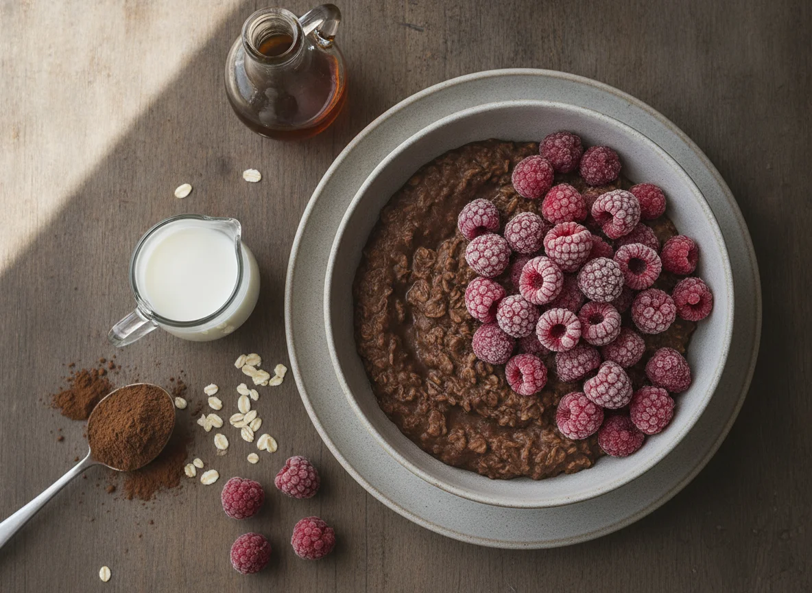 Schokoladen-Haferbrei mit Himbeeren photo