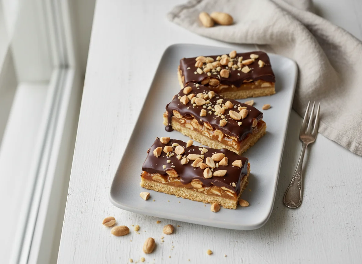 Schokoladen-Karamell-Riegel mit Erdnüssen photo
