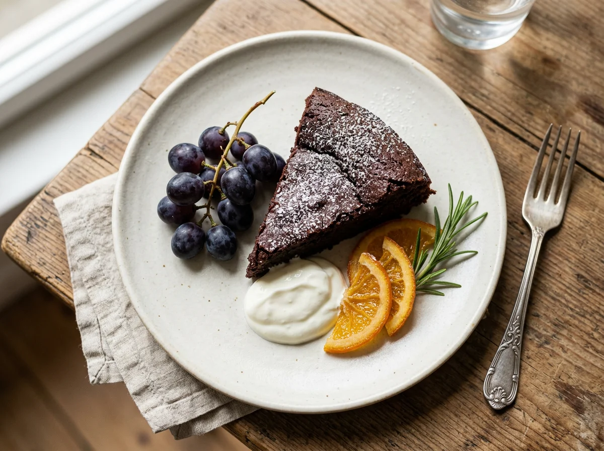 Schokoladenkuchen mit Beilagen photo