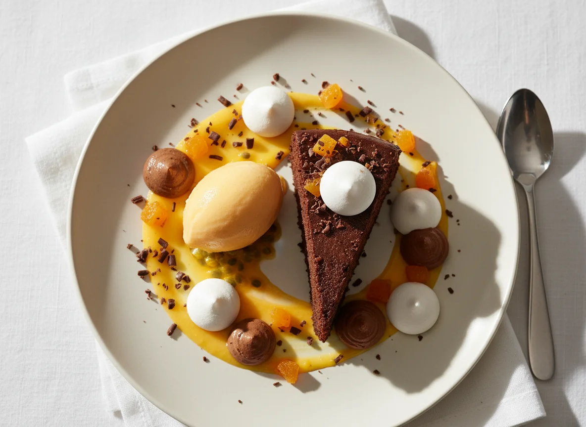 Schokoladenkuchen mit Mangosorbet und Fruchtpüree photo