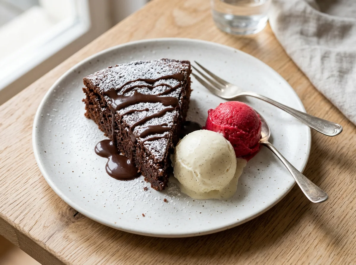 Schokoladenkuchen mit Vanilleeis photo