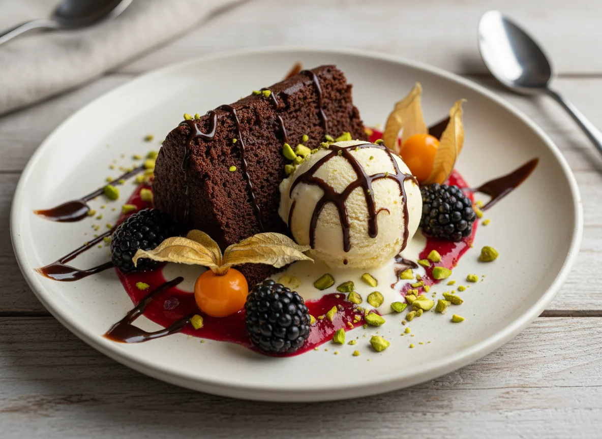 Schokoladenkuchen mit Vanilleeis und Beeren photo