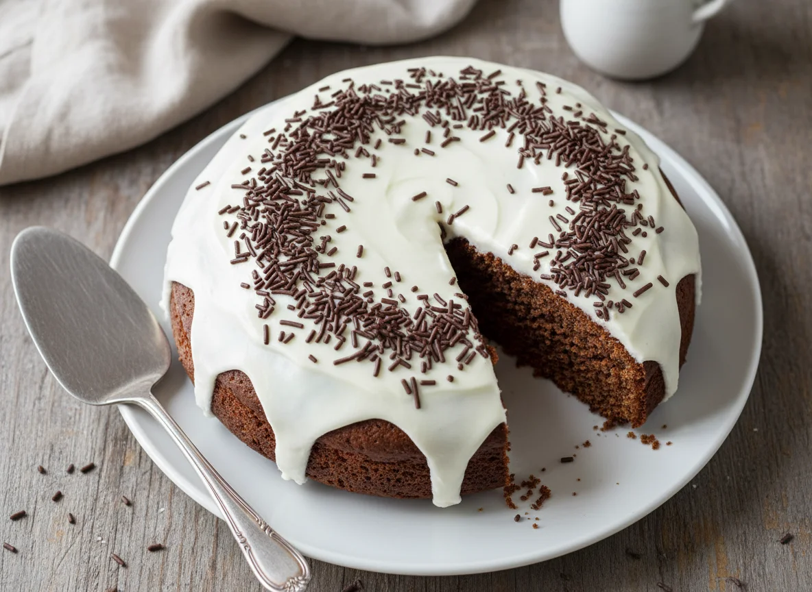Schokoladenkuchen mit Zuckerguss und Streuseln photo