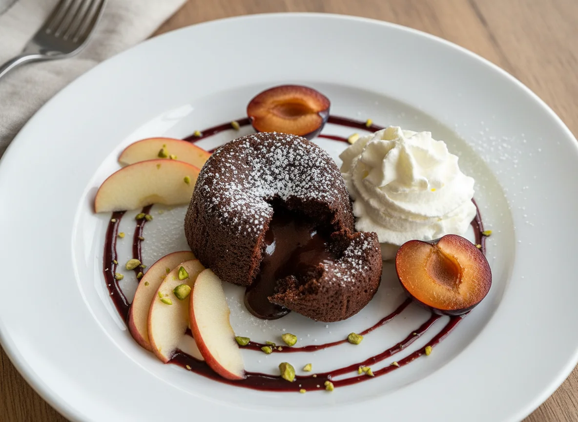 Schokoladenküchlein mit Schlagsahne und Früchten photo