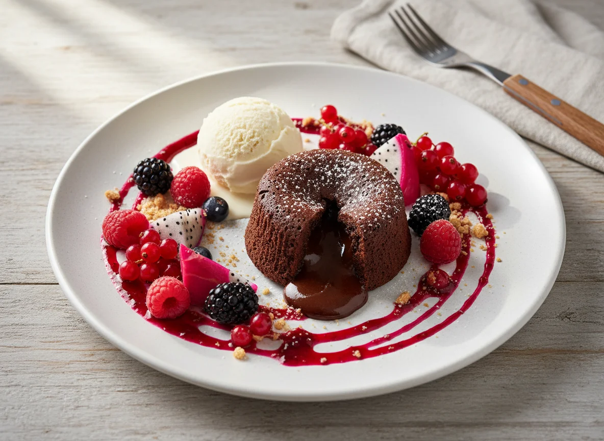 Schokoladen-Lava-Kuchen mit Beeren, Soße und Eis photo