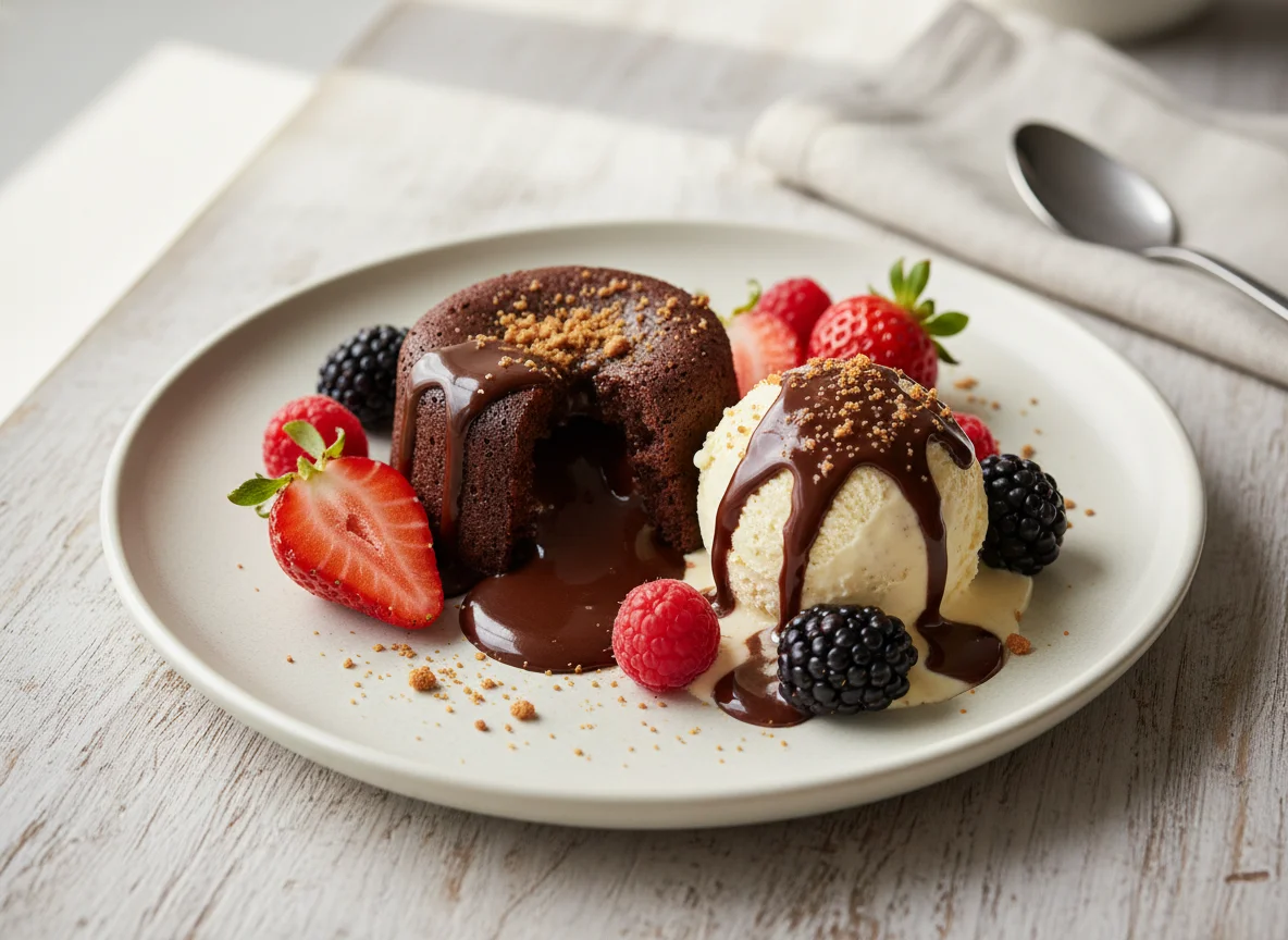 Schokoladen-Lava-Kuchen mit Eis und Beeren photo