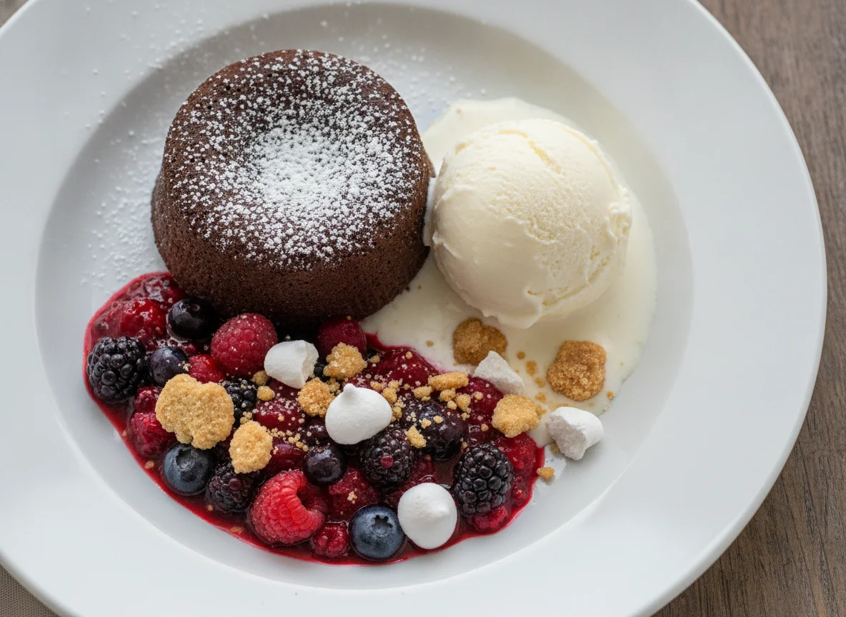 Schokoladen-Lava-Kuchen mit Eis und Beerenragout photo