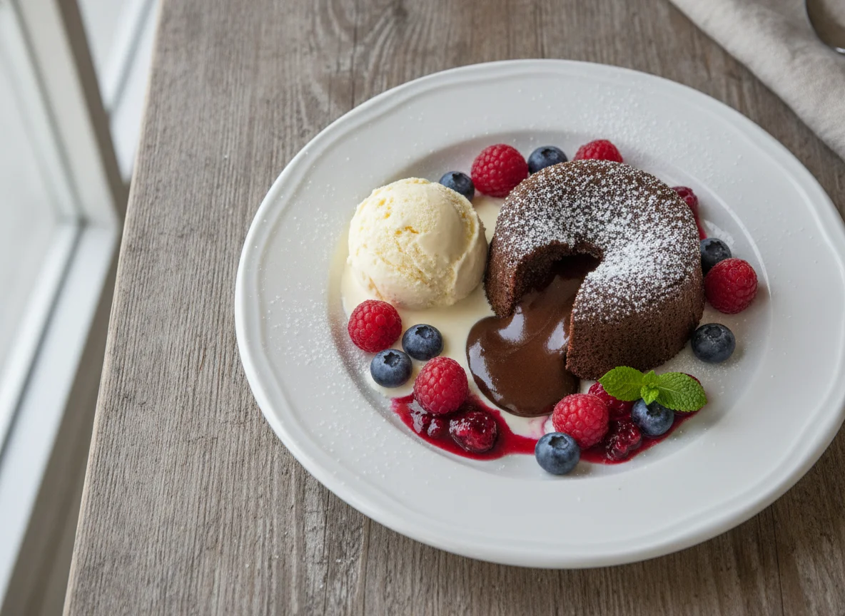 Schokoladen-Lava-Kuchen mit Vanilleeis und Beeren photo