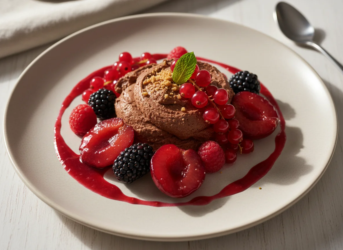 Schokoladenmousse mit Beeren und eingelegten Pflaumen photo