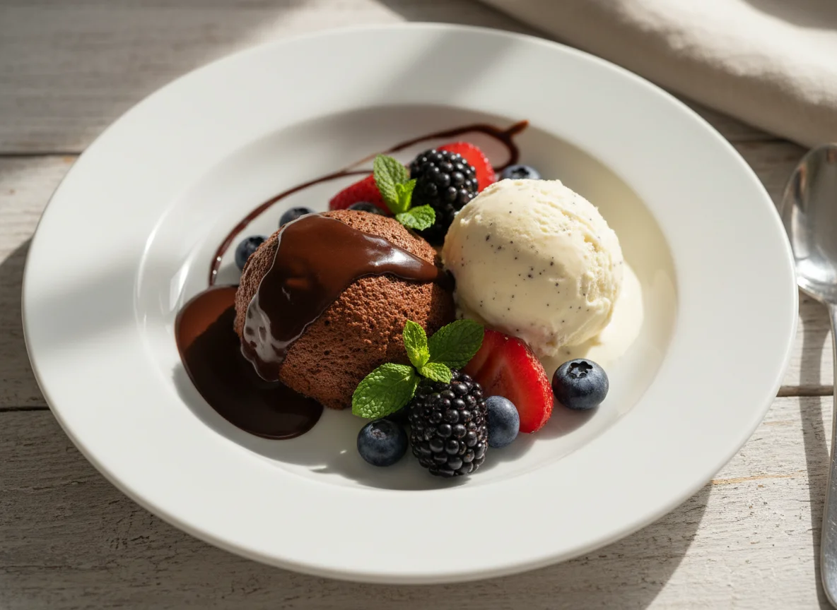 Schokoladenmousse mit Vanilleeis und Beeren photo