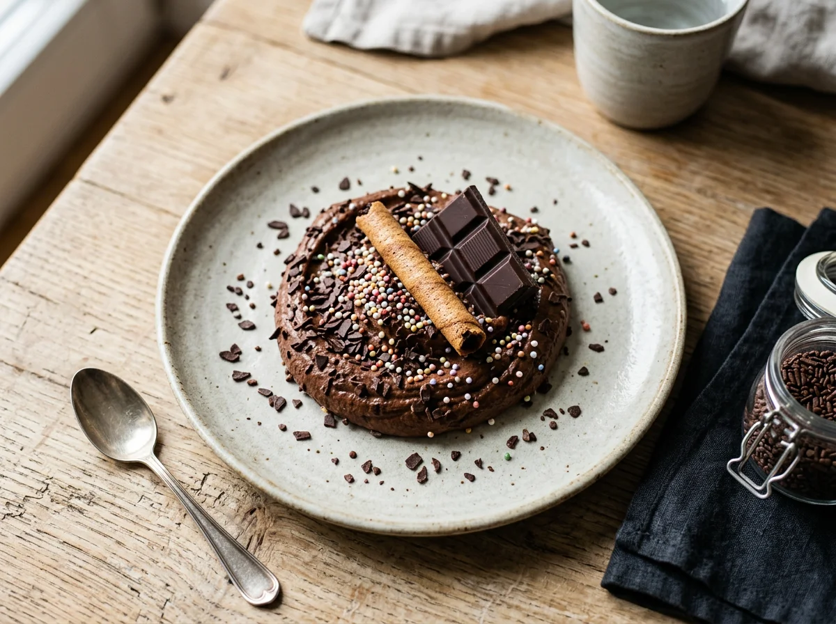 Schokoladenmousse mit Waffel und Streuseln photo
