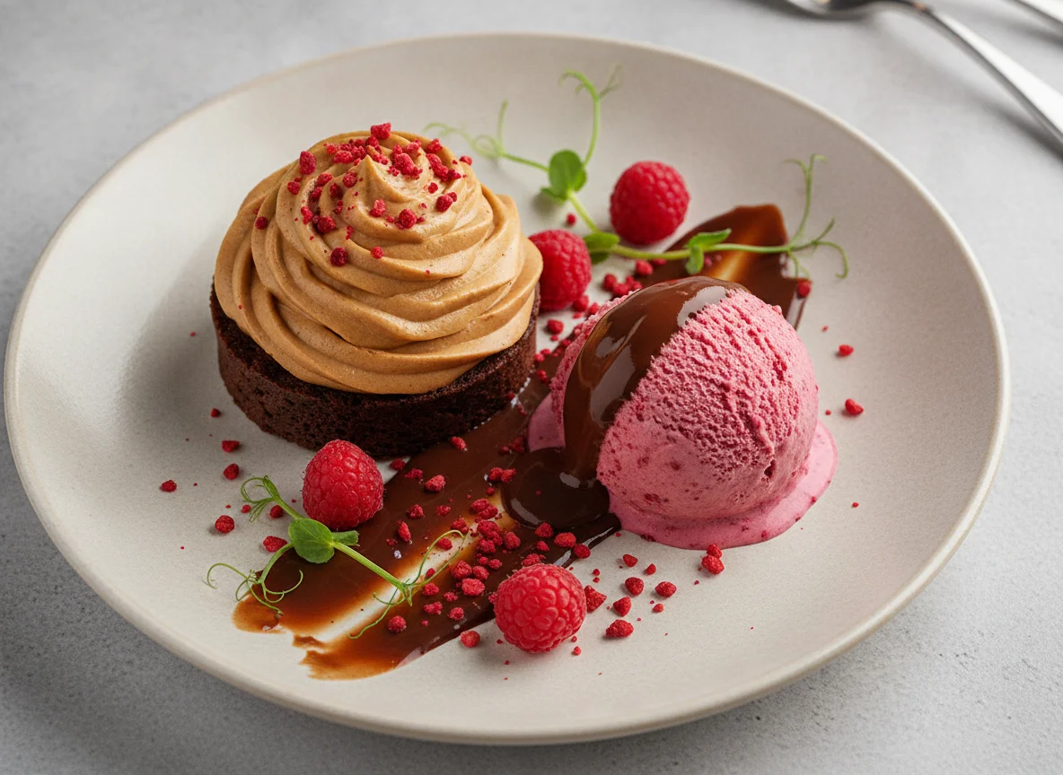 Schokoladen-Mousse-Törtchen mit Himbeereis photo