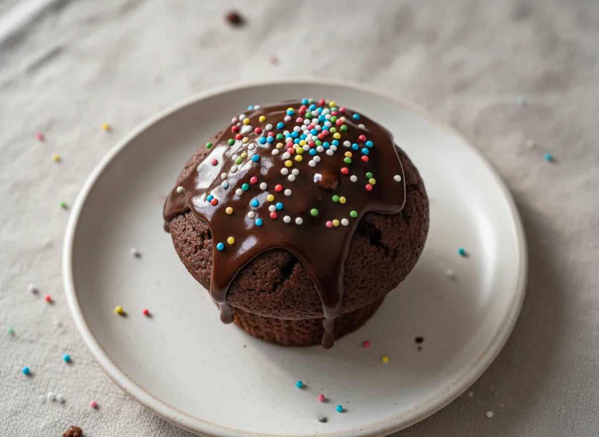 Schokoladen-Muffin mit Glasur und Streuseln photo