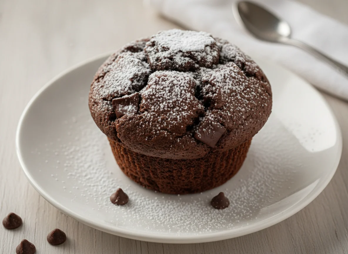 Schokoladen-Muffin mit Puderzucker photo