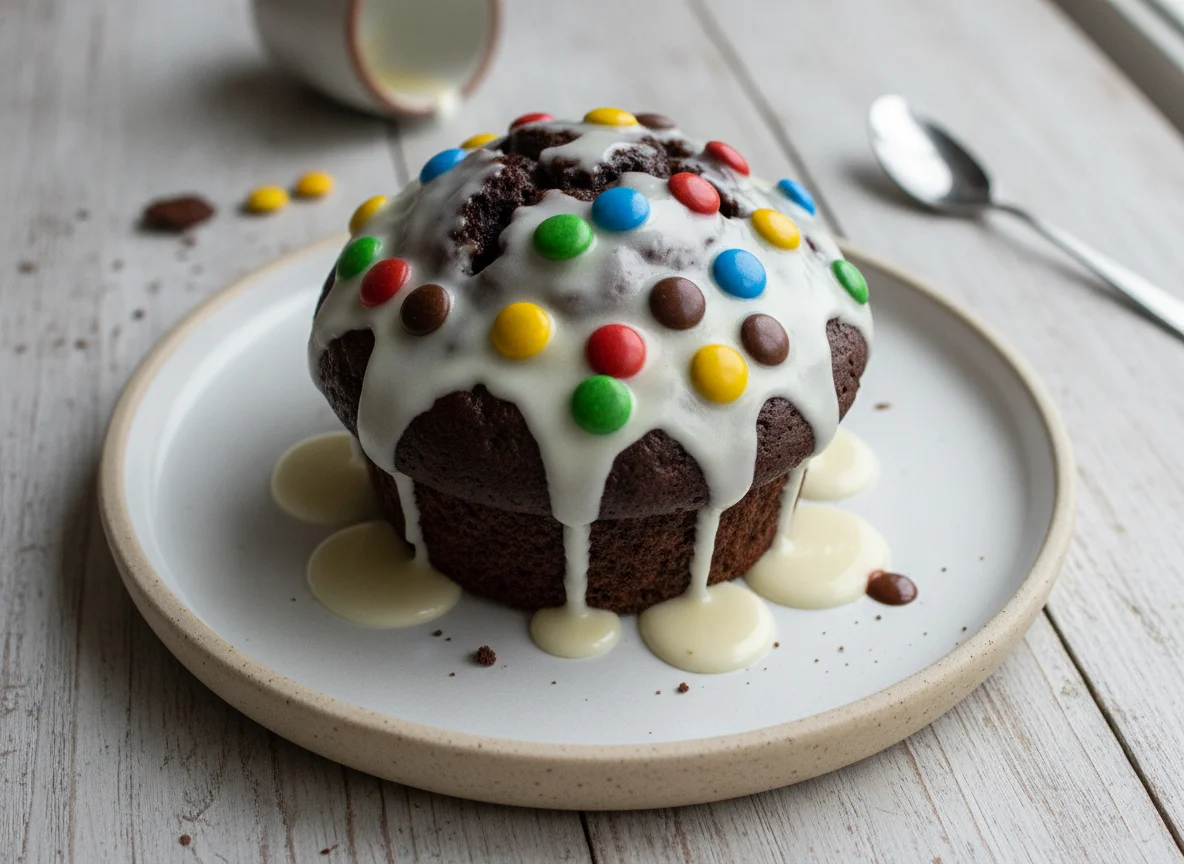 Schokoladen-Muffin mit weißer Glasur und Schokolinsen photo