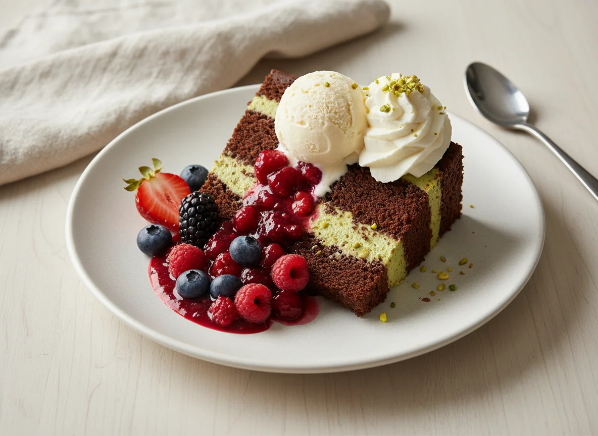 Schokoladen-Pistazien-Kuchen mit Beeren und Eis photo