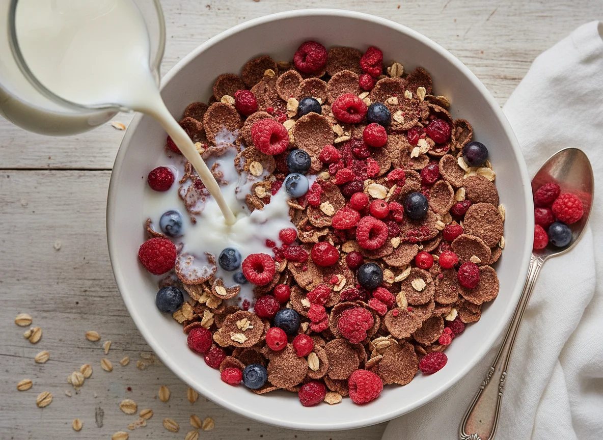 Schokomüsli mit Beeren und Milch photo