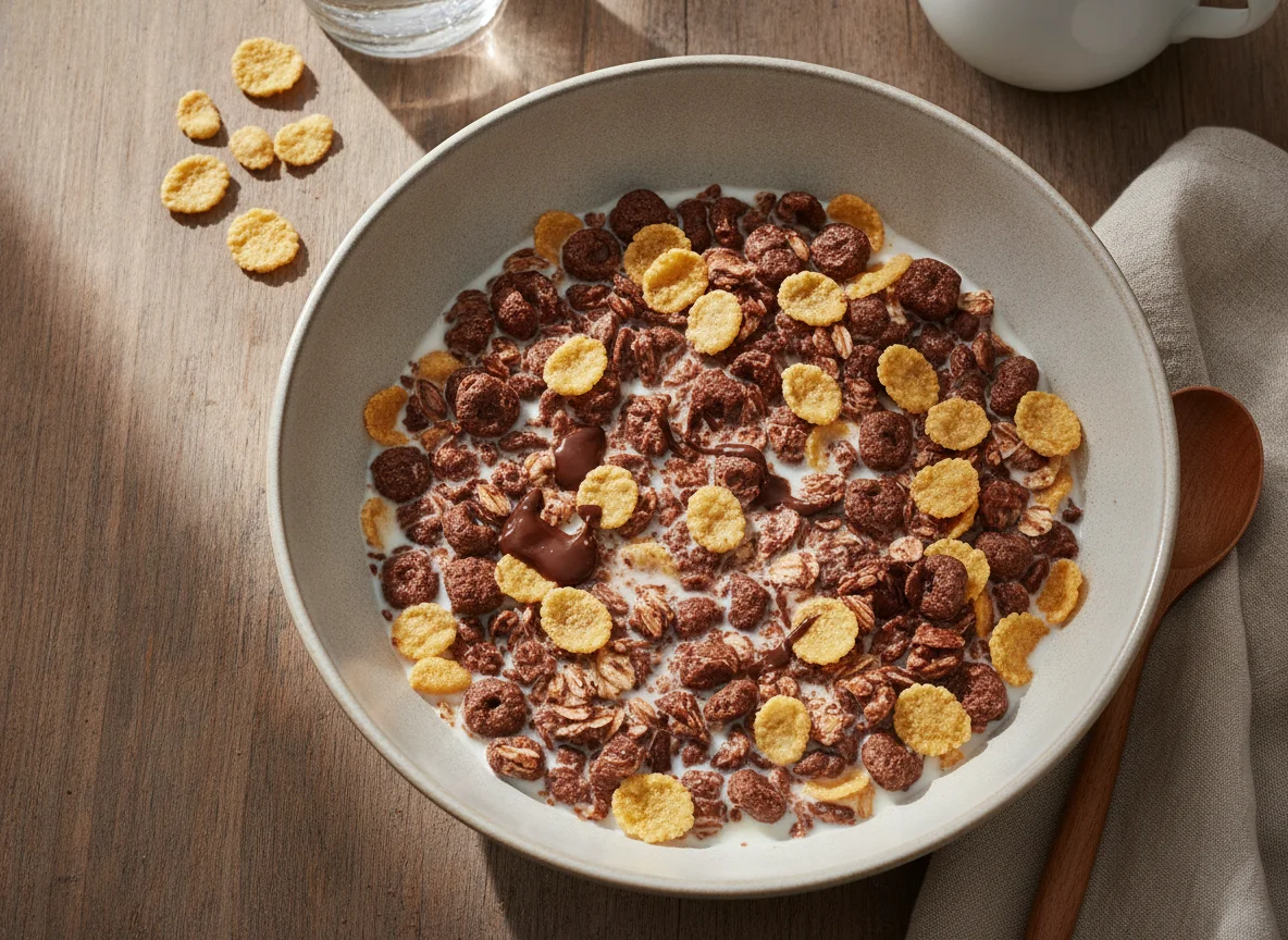 Schokomüsli mit Cornflakes und Milch photo
