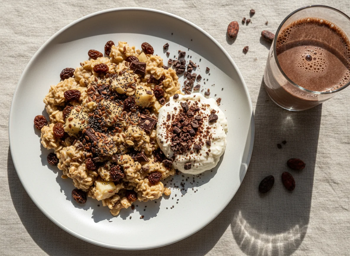 Schoko-Müsli mit Quark und Protein-Drink photo