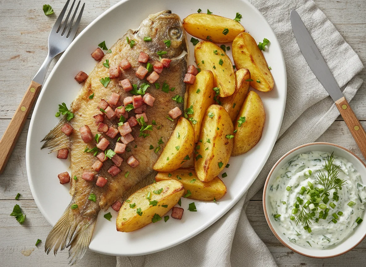 Scholle mit Speck und Ofenkartoffel photo