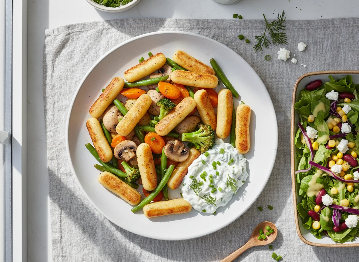 Schupfnudeln mit Gemüse, Beilagensalat und Kräuterquark photo