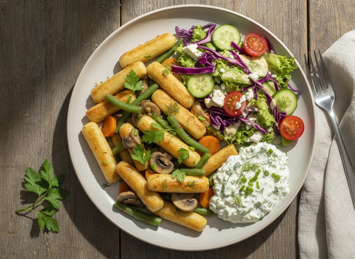 Schupfnudeln mit Gemüse, Salat und Kräuterquark photo