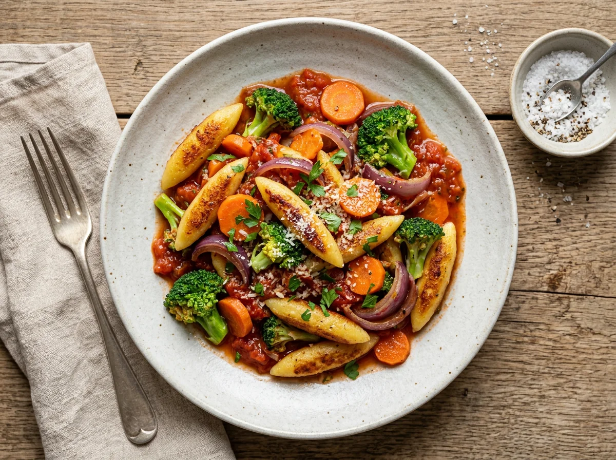 Schupfnudeln mit Gemüse und Tomatensauce photo