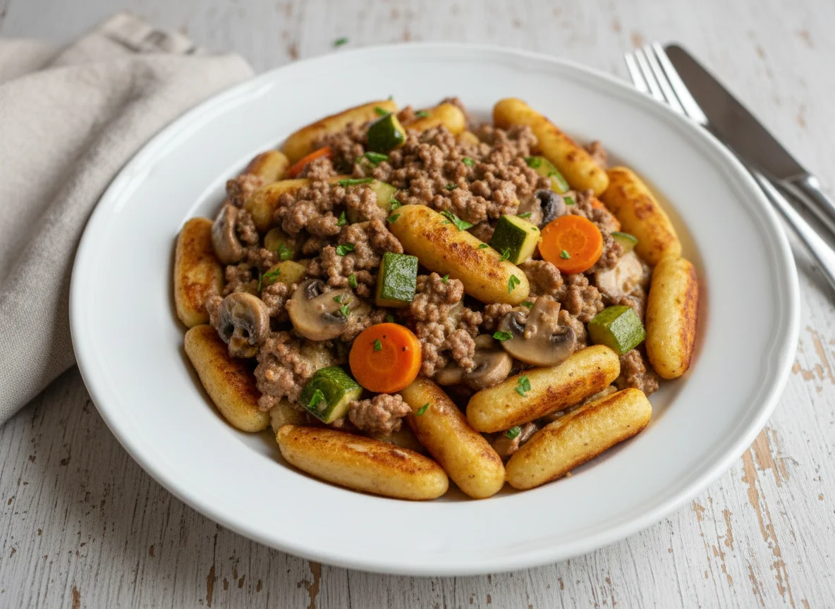 Schupfnudeln mit Hackfleisch-Sahnesauce und Gemüse photo