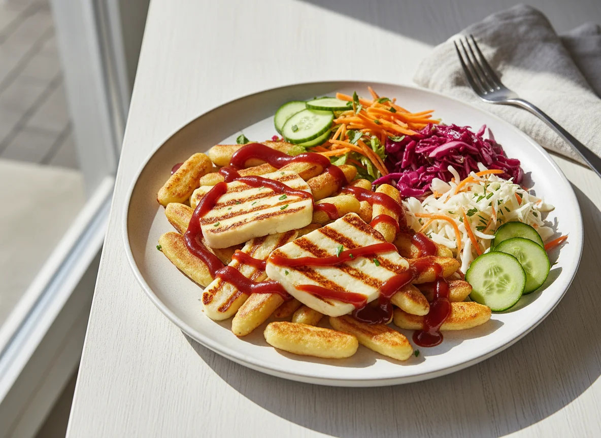 Schupfnudeln mit Halloumi und Salat photo