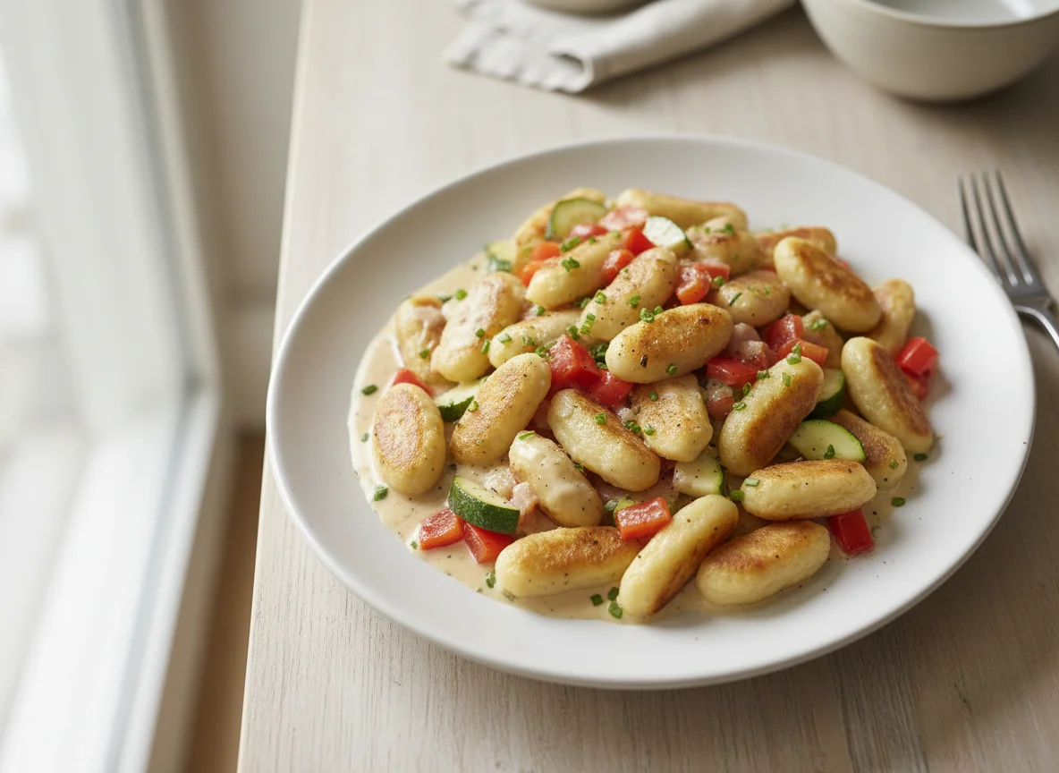 Schupfnudeln mit Rahmsoße und Gemüse photo