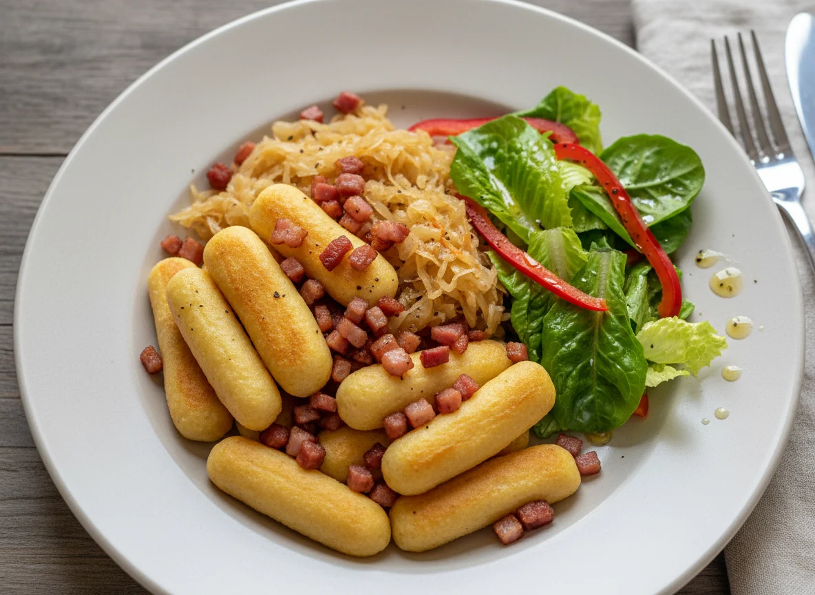 Schupfnudeln mit Sauerkraut und Salat photo