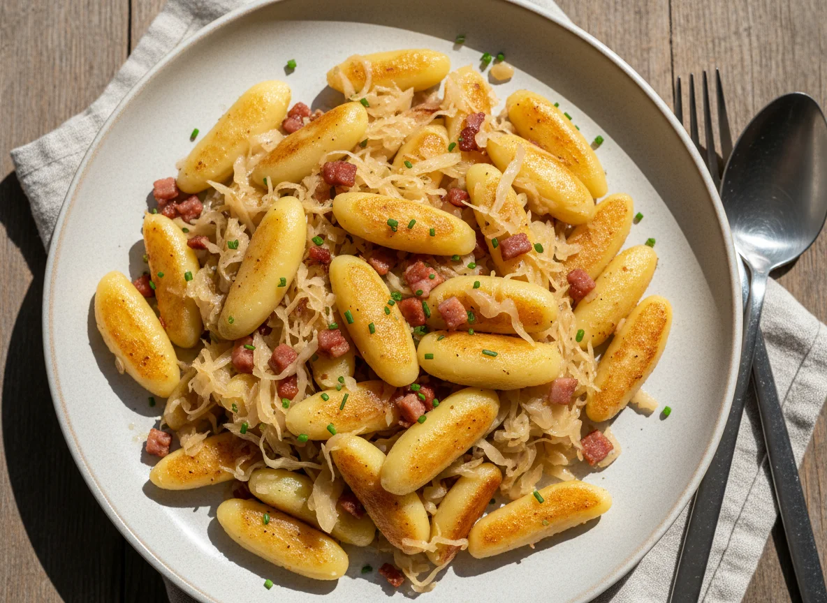 Schupfnudeln mit Sauerkraut und veganem Speck photo