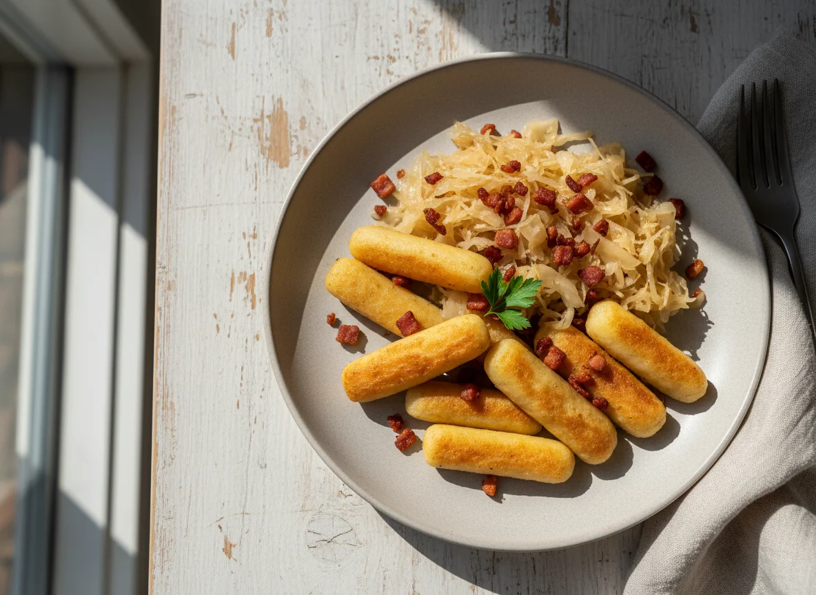 Schupfnudeln mit Sauerkraut und veganen Speckwürfeln photo