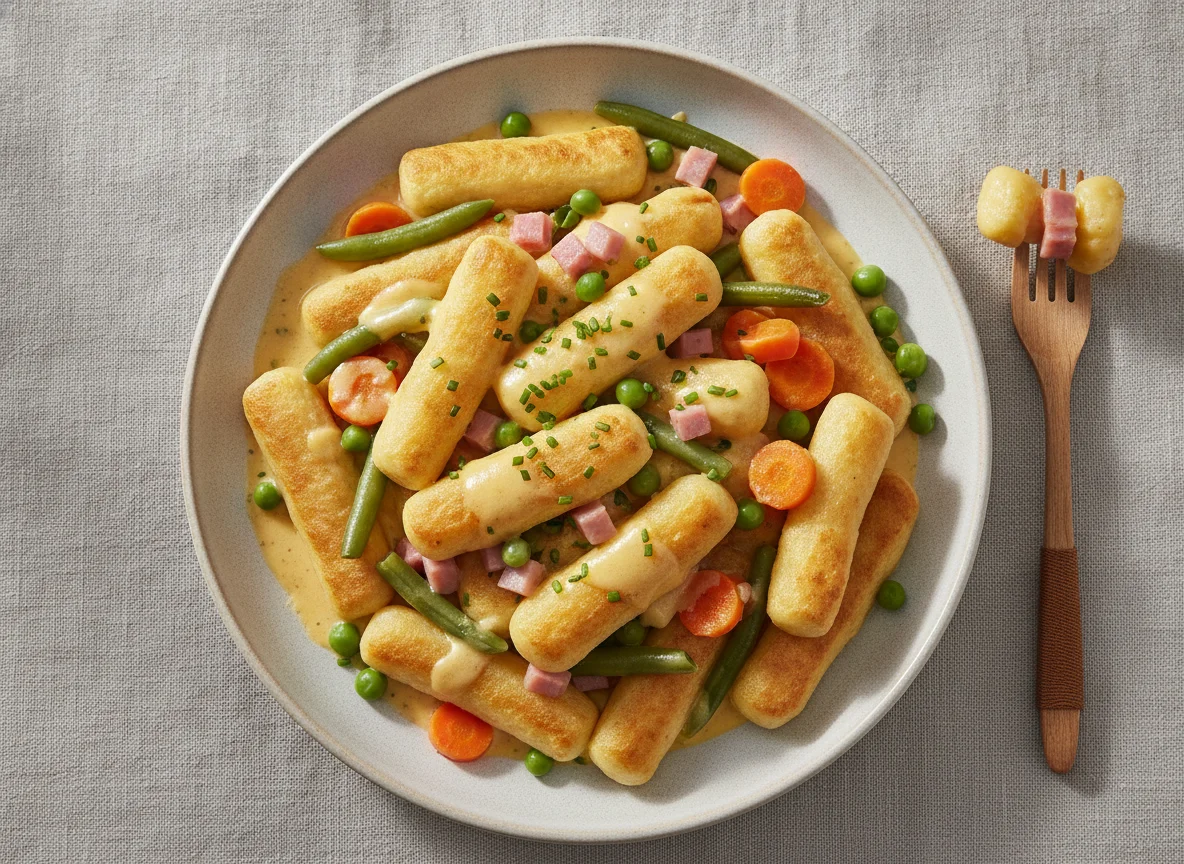 Schupfnudeln mit Schinken, Käsesauce und Gemüse photo
