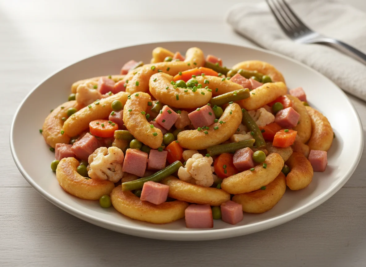 Schupfnudeln mit Schinken und Gemüse in Rahmsauce photo