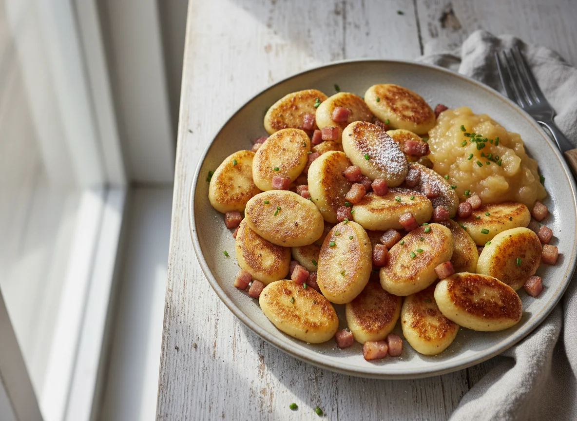 Schupfnudeln mit Speck und Apfelmus photo