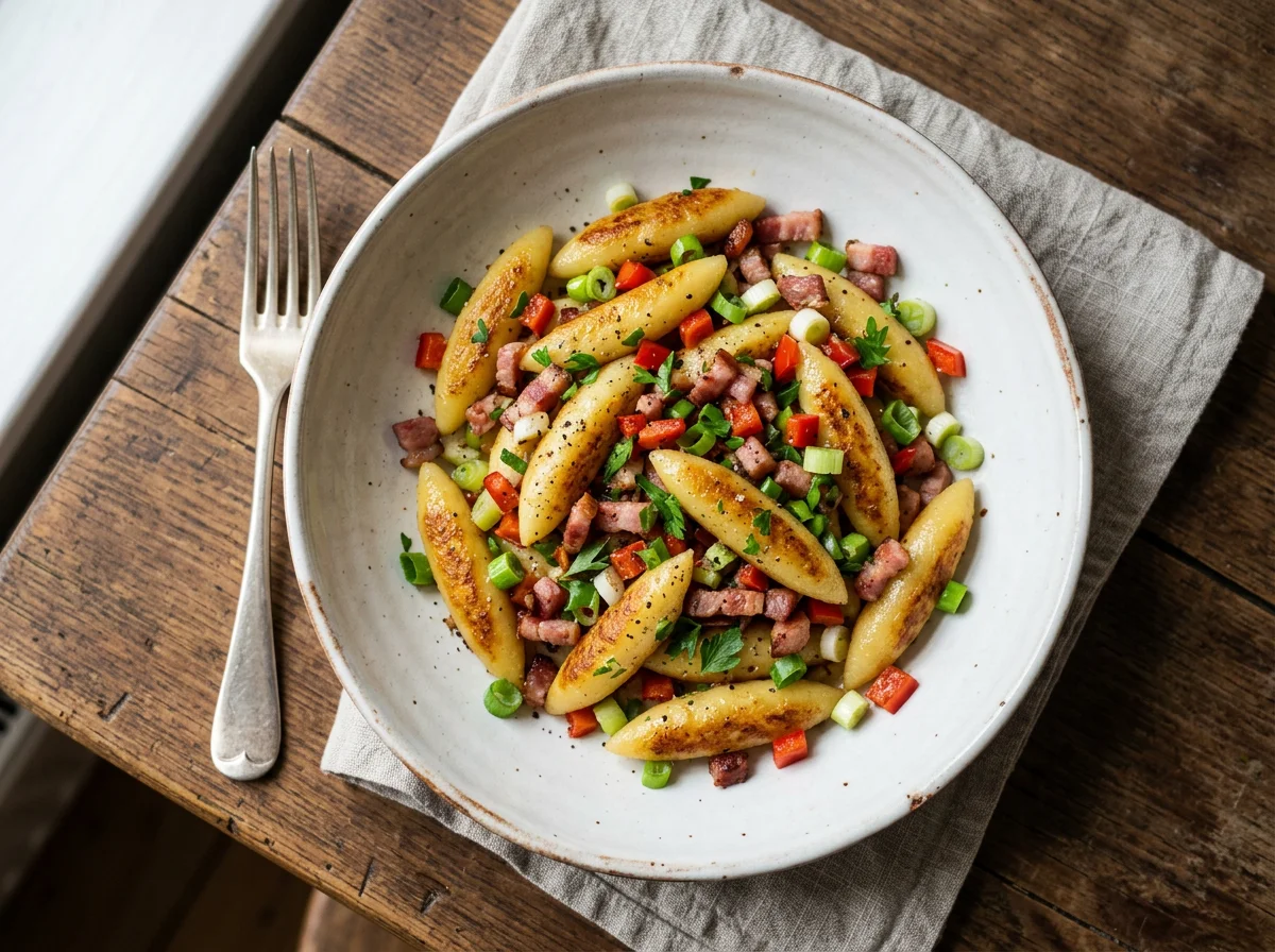 Schupfnudeln mit Speck und Frühlingszwiebeln photo