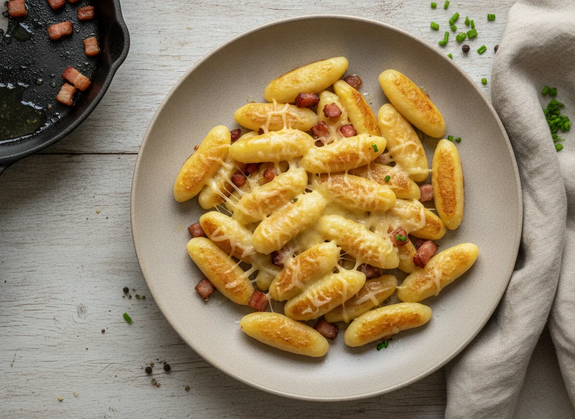 Schupfnudeln mit Speck und Käse photo