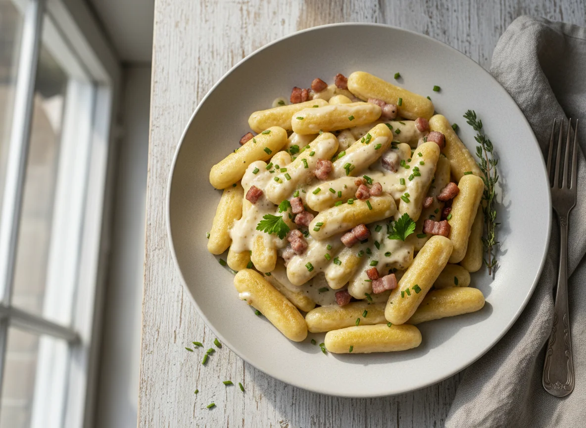 Schupfnudeln mit Speck und Sahnesauce photo