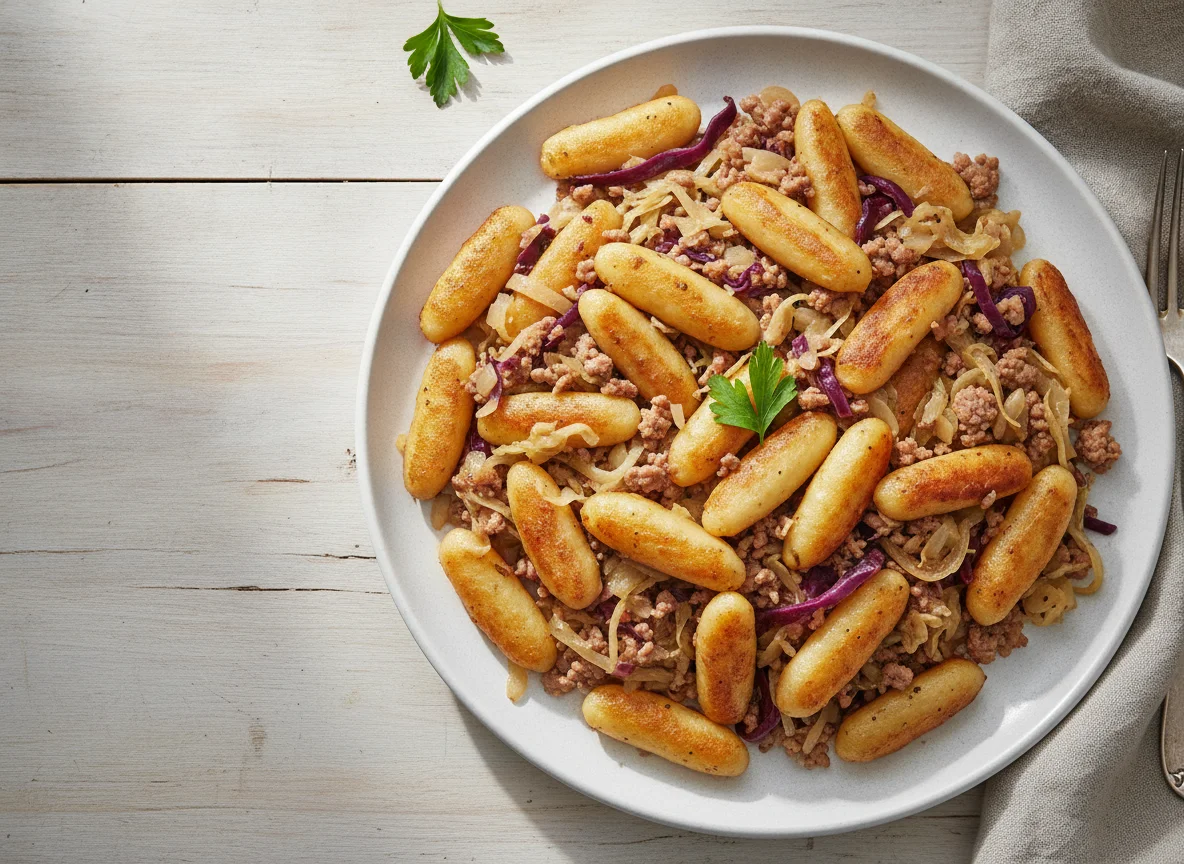 Schupfnudelpfanne mit Kraut und Rotkohl photo