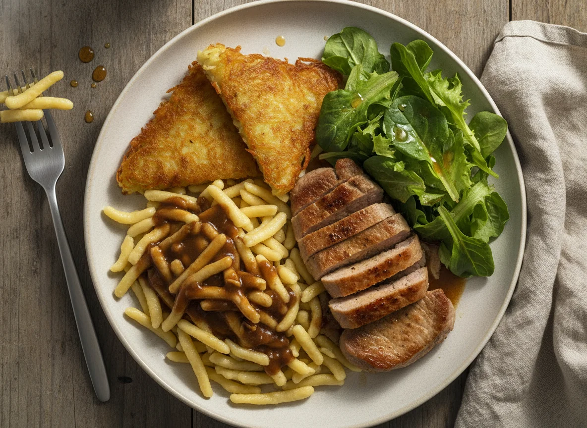 Schwäbische Spätzle mit Fleisch, Rösti und Salat photo