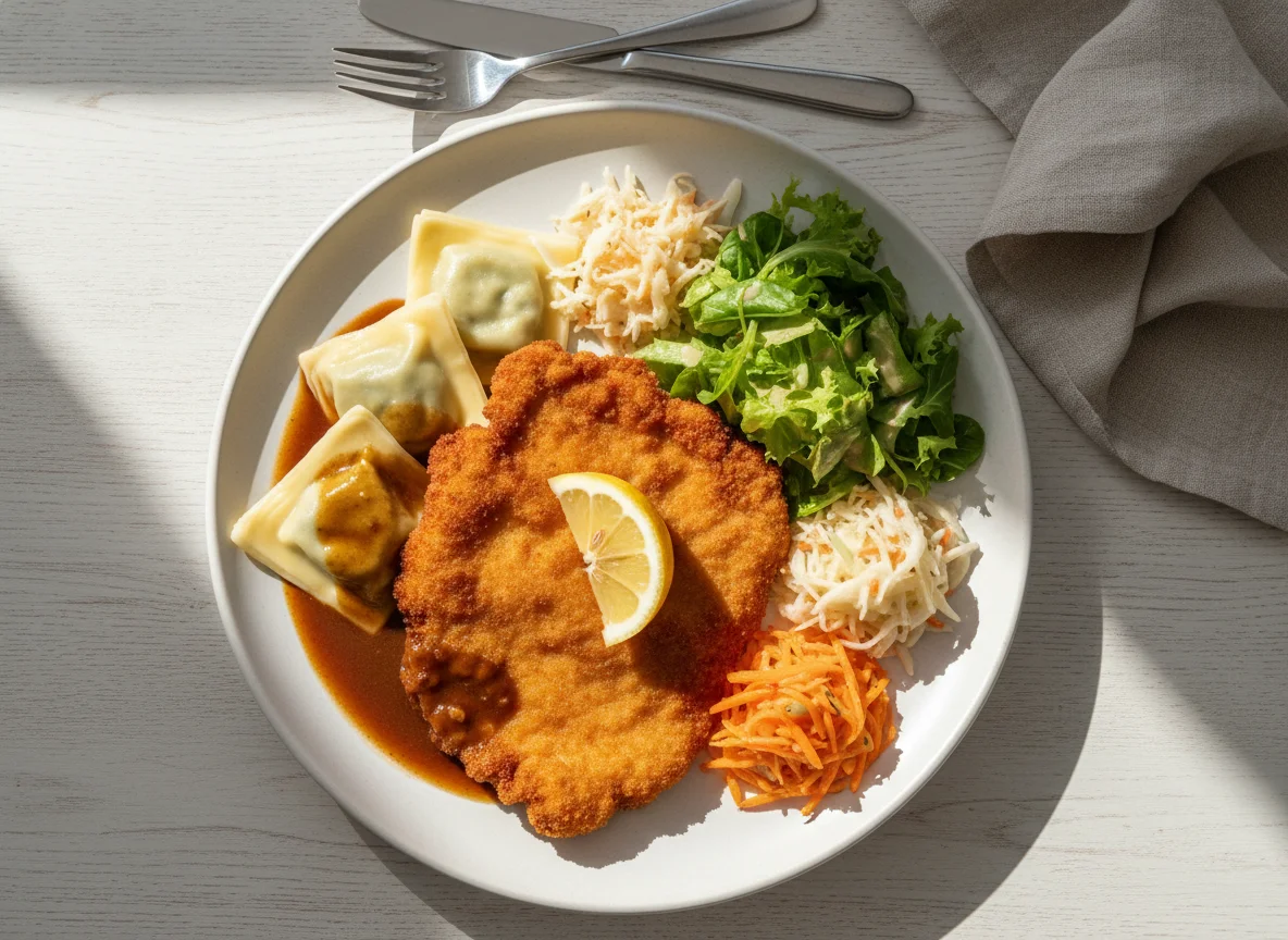 Schwäbischer Teller mit Schnitzel und Maultaschen photo