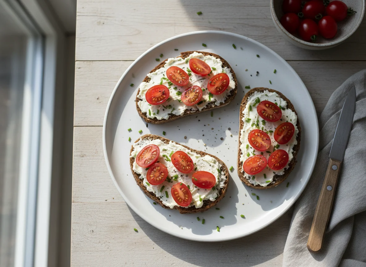 Schwarzbrot mit Frischkäse und Kirschtomaten photo