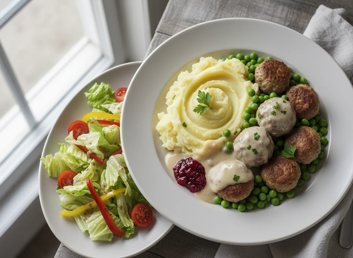 Schwedische Fleischbällchen mit Kartoffelpüree, Erbsen und Preiselbeeren, dazu Beilagensalat photo