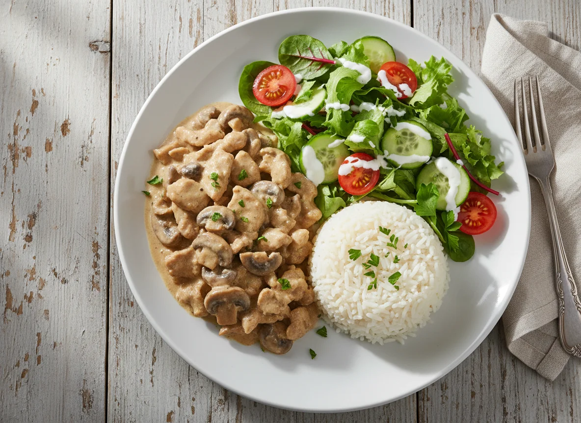 Schweine Geschnetzeltes mit Reis und Salat photo