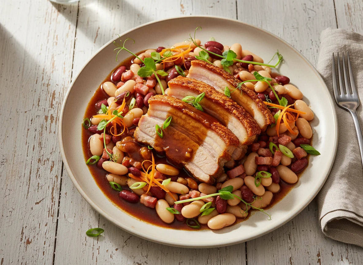 Schweinebauch mit Bohnen und Soße photo