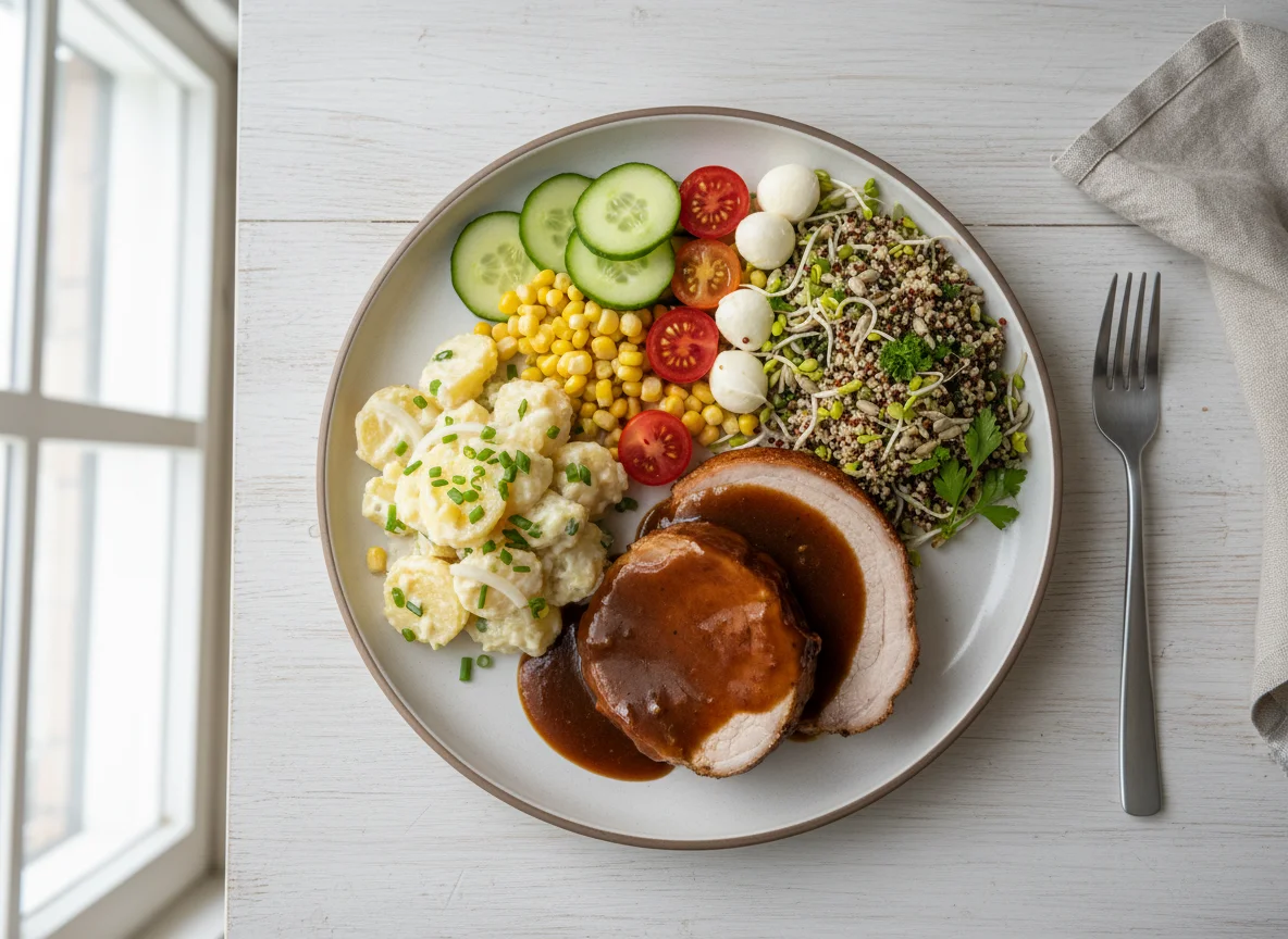 Schweinebraten mit Beilagen photo